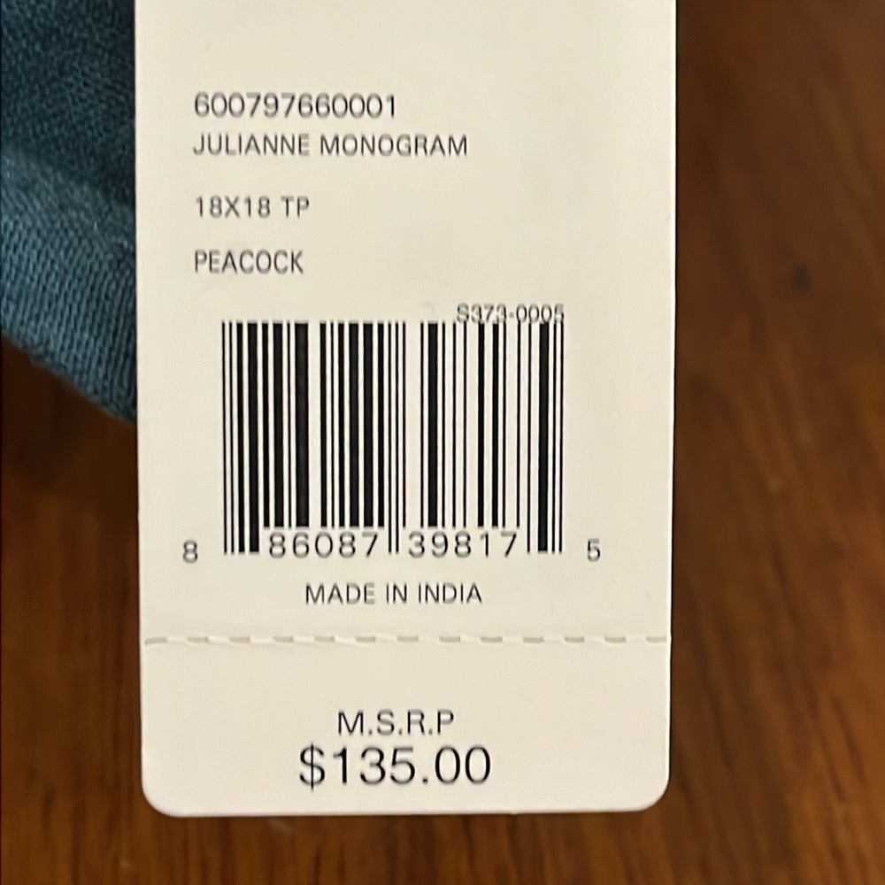Ralph Lauren Julianne Monogram Throw Pillow 18”x18” cotton linen Peacock Blue - Picture 6 of 11